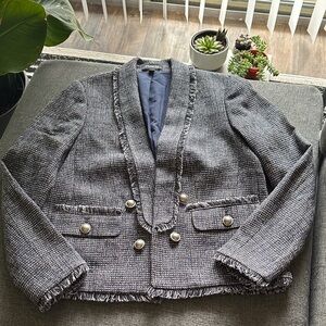 Express Black Navy and White Button-Front Tweed Blazer